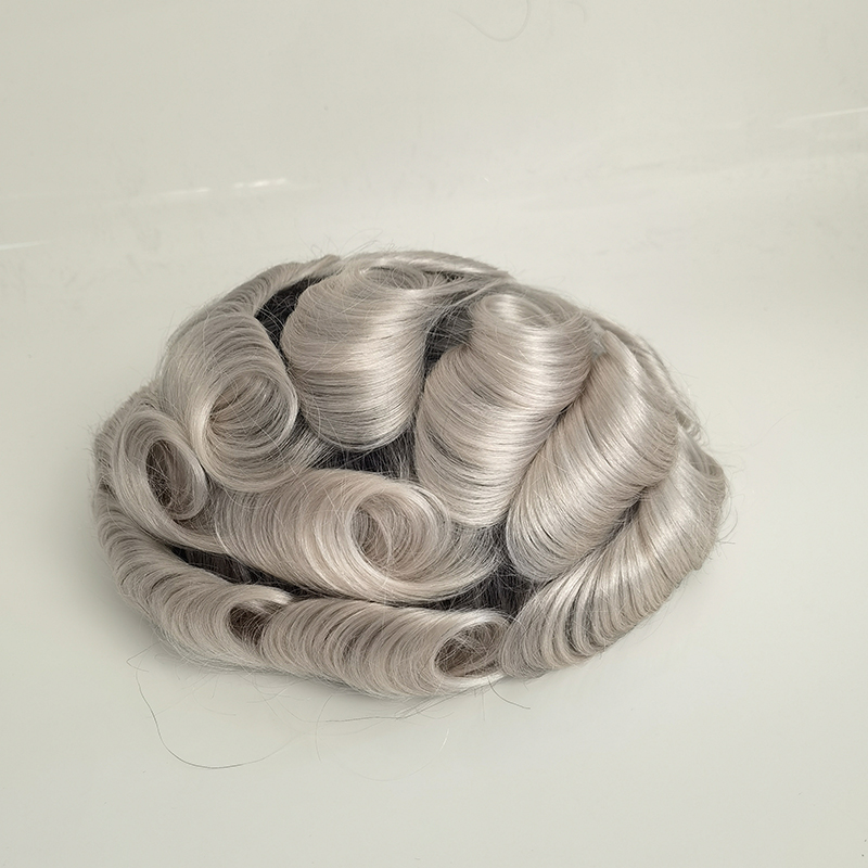 Black Ombre Gray Human Hair Full PU Thin Skin Men Toupee